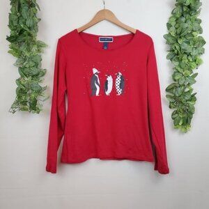 Karen Scott Penguin Rhinestone Glitzy Holiday Christmas Jeweled Top Small Red